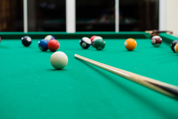 Billiard table with balls. Close-up. Narrow depth of field