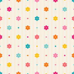 Retro seamless pattern. Color flowers and dots on beige striped background
