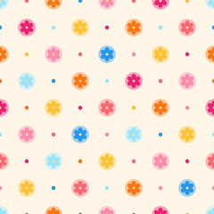 Retro seamless pattern. Color flowers and dots on beige dotted b