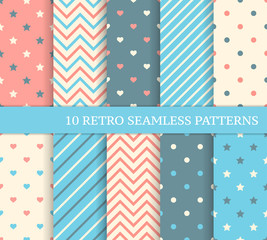 10 retro different seamless patterns. Zigzag and stripes.