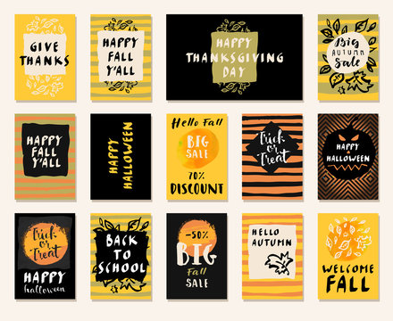 Big Autumn Sale. Happy Fall Y'all. Hello Autumn. Back To School. Happy Halloween. Trick or Treat. Set of fall posters