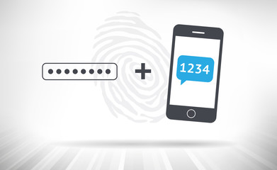 Two Step Verification. Password input field and mobile phone displaying verification code. Big fingerprint in the background