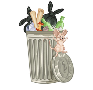 Illustration of a cartoon trash can.Happy rat playing near trash can