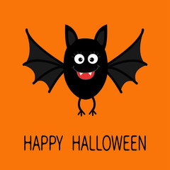 Happy Halloween card. Cute cartoon bat flying. Animal character. Baby illustration collection. Flat design. Orange background.