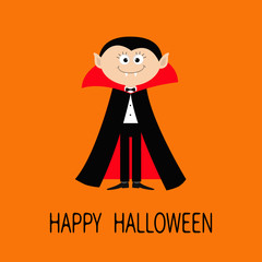 Count Dracula wearing black and red cape. Cute cartoon vampire character with fangs. Happy Halloween. Flat design. Orange background.