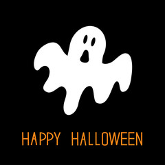 Funny flying ghost. Happy Halloween. Greeting card. Cute cartoon character. Scary spirit. Baby collection. Black background. Flat design.