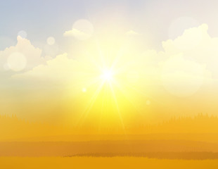 Autumn Fantasy Vector Landscape Background, Sunset on cloudy sky.

