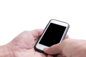 Hand holding smart phone on white background with clipping path