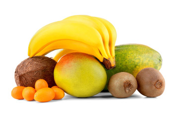 Exotic fruits: mango, bananas, papaya, kiwi, coconut and kumquats isolated on white