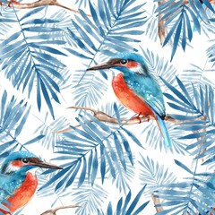 Leaves and kingfisher 3. Seamless pattern with bird and plants. Floral background