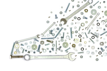 Wrenches, bolts, nuts, screws and washers . Conceptual image of like a car