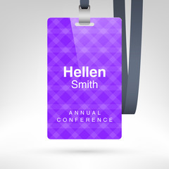 Conference badge with name tag placeholder. Blank badge template in plastic holder with lanyard. Vector illustration.