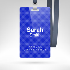 Conference badge with name tag placeholder. Blank badge template in plastic holder with lanyard. Vector illustration.