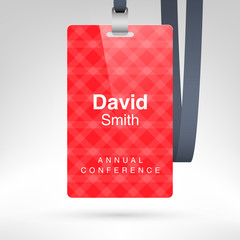 Conference badge with name tag placeholder. Blank badge template in plastic holder with lanyard. Vector illustration.