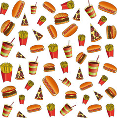 delicious hamburger, pizza, hot dog and a drink on a white background