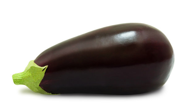 Fresh eggplant isolated on a white background. Design element for product label, catalog print, web use.