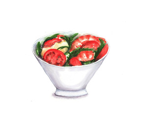 Hand drawn watercolor illustration of the food: salad with seafood in the plate, isolated on the white background
