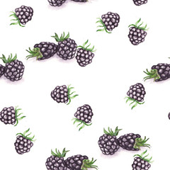 Hand drawn watercolor seamless repeated pattern with tasty ripe berries of blackberry
