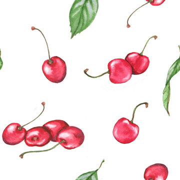 Seamless pattern with watercolor cherries on the white background