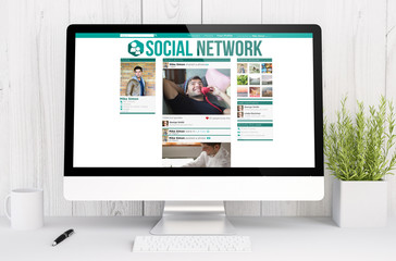 white workspace with computer social network
