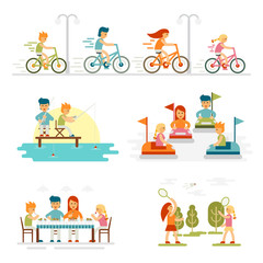 Family cartoon set with celebrations holidays and activities. Happy lifestyle outdoors together isolated vector illustration. Family riding bicycles. Daughter and mother. Father and son - stock vector