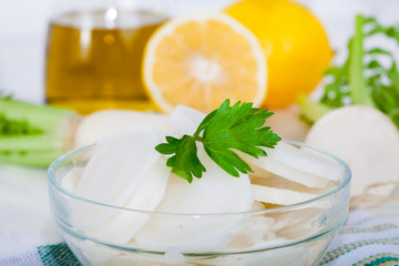 Daikon radishes,Raphanus sativus with lemon and oil