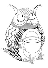 black picture of an owl, drinking coffee. vector image