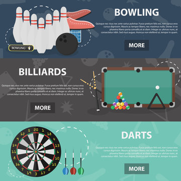 Set of vector flat horizontal banners of bowling, billiards and darts games for websites and apps. Concepts of sport games.