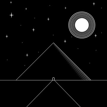 Line pyramid black and white sunset landscape with moon and stars at night 