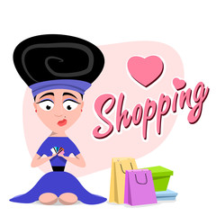 woman holding a credit card. inscription shopping. Flat illustration. Vector