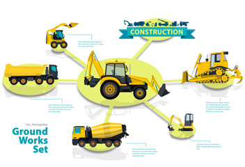 Construction machinery infographic big set of ground works machines vehicles on white background. Catalog page. Heavy equipment for building truck digger bagger excavator transportation master vector.