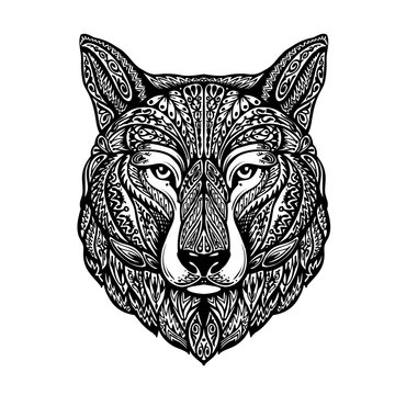 Hand drawn head wolf. Ethnic patterns. Dog, husky or laika. Vector illustration