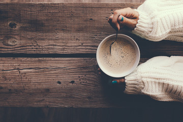 Hot coffee at cold winter morning