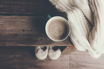 Hot coffee at cold winter morning