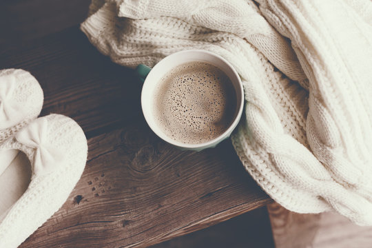 Hot coffee at cold winter morning