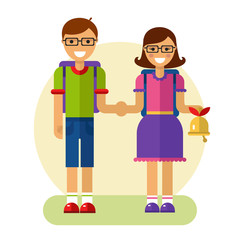 Flat design vector illustration of funny smiling boy and girl in glasses holding their hands and going to school with rucksack and bell. Back to school concept.