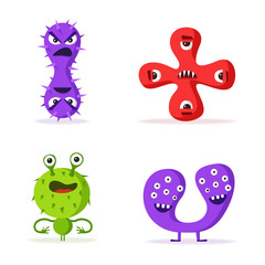 Set of bacteria characters. Cartoon vector illustration. Microbiology