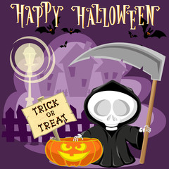 Halloween background. Funny little death with a large scythe on the street of the town. Cartoon style. Concept design for banners, posters, flyer or cards. Vector illustration