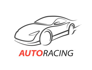 Original concept auto racing car logo with grey supercar sports vehicle silhouette isolated on white background. Vector illustration.