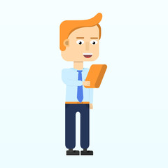 Happy business man character smiling isolated in flat style. Modern woman holding clipboard. Vector illustration.
