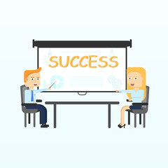 Projection screen. Modern business teachers giving lecture, training, seminar or presentation. Businessman, business coach standing in front of Projection screen. Flat Vector illustration