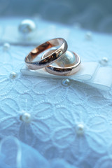 Gold wedding rings. Wedding symbols, attributes. Holiday, celebration