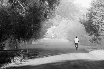 Bicyclist on road. Man driving bicycle in village. Autumn evening in village. Black and white photo