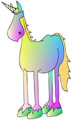 Illustration of a multicolored pastel unicorn with a blonde mane and tail.