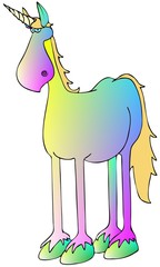 Illustration of a multicolored pastel unicorn with a blonde mane and tail. © Dennis Cox