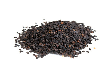 Pile of black sesame seeds isolated on white background