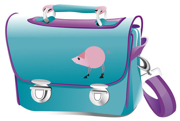 Cartable bleu avec cochon dessin&eacute; dessus