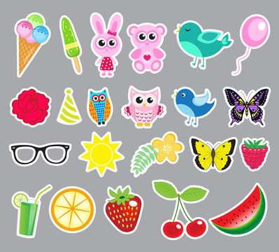 Big set of cute colorful stickers. Stikerpak fruits, animals, flowers. Sticker vector illustration
