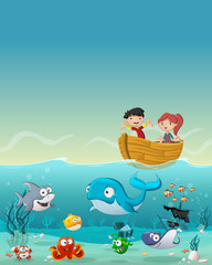 Kids inside a boat at the ocean with fish under water. Cartoon children at the sea.

