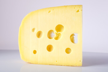 milk product. piece  cheese with big holes.a piece of cheese with the large holes on a light background with a gradient. alpinland.